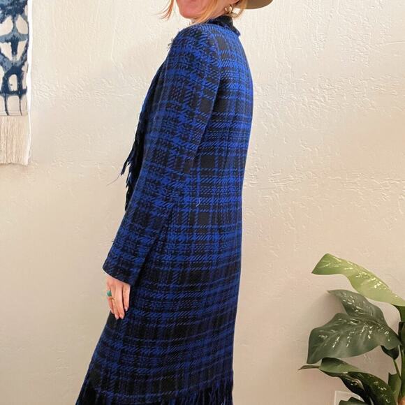 Vintage 100% Wool Blue Plaid Fringe Longline Blazer Jacket Coat - Picture 4 of 8